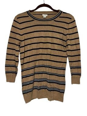 J Crew 100% Wool Sweater Size Medium Striped 3/4 Sleeve Preppy Crew Neck